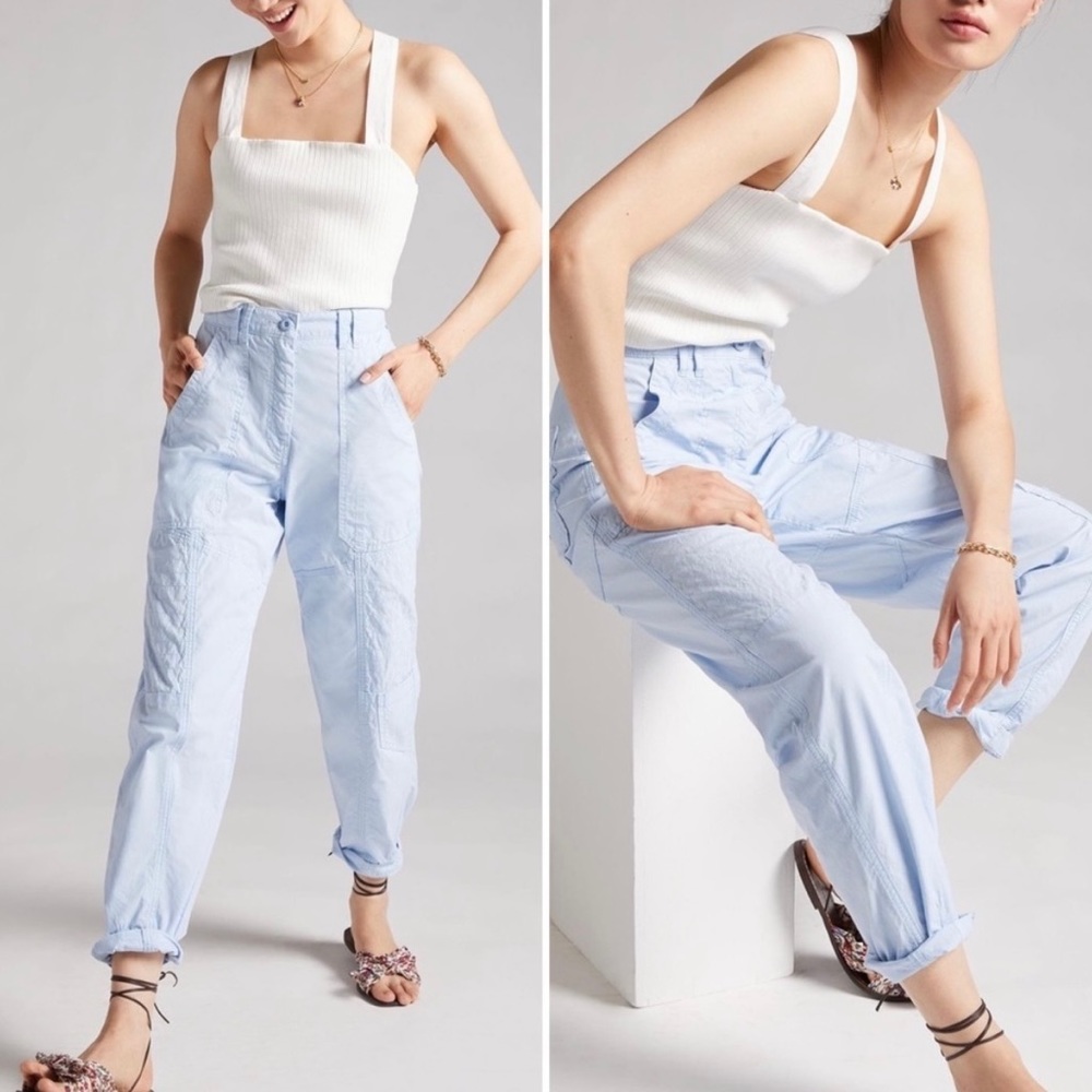 Maeve Moto Cargo Pants with Unique Stitching in Light Blue, Size 6 Anthro
